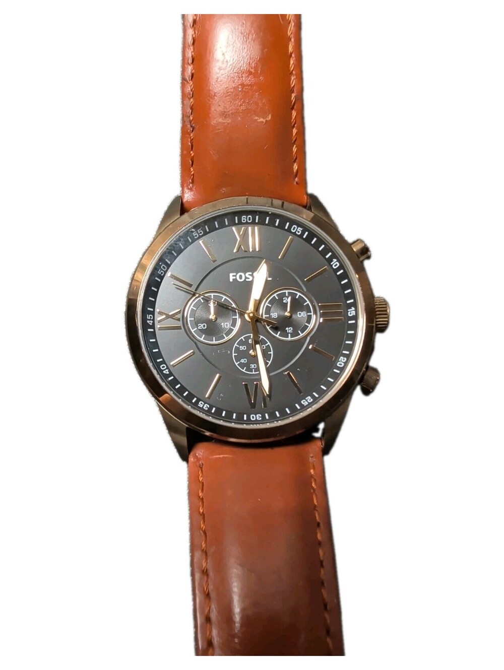 Fossil Mens Brown Flynn BQ2261 Gold Tone Chronograph Leather Strap New Battery
